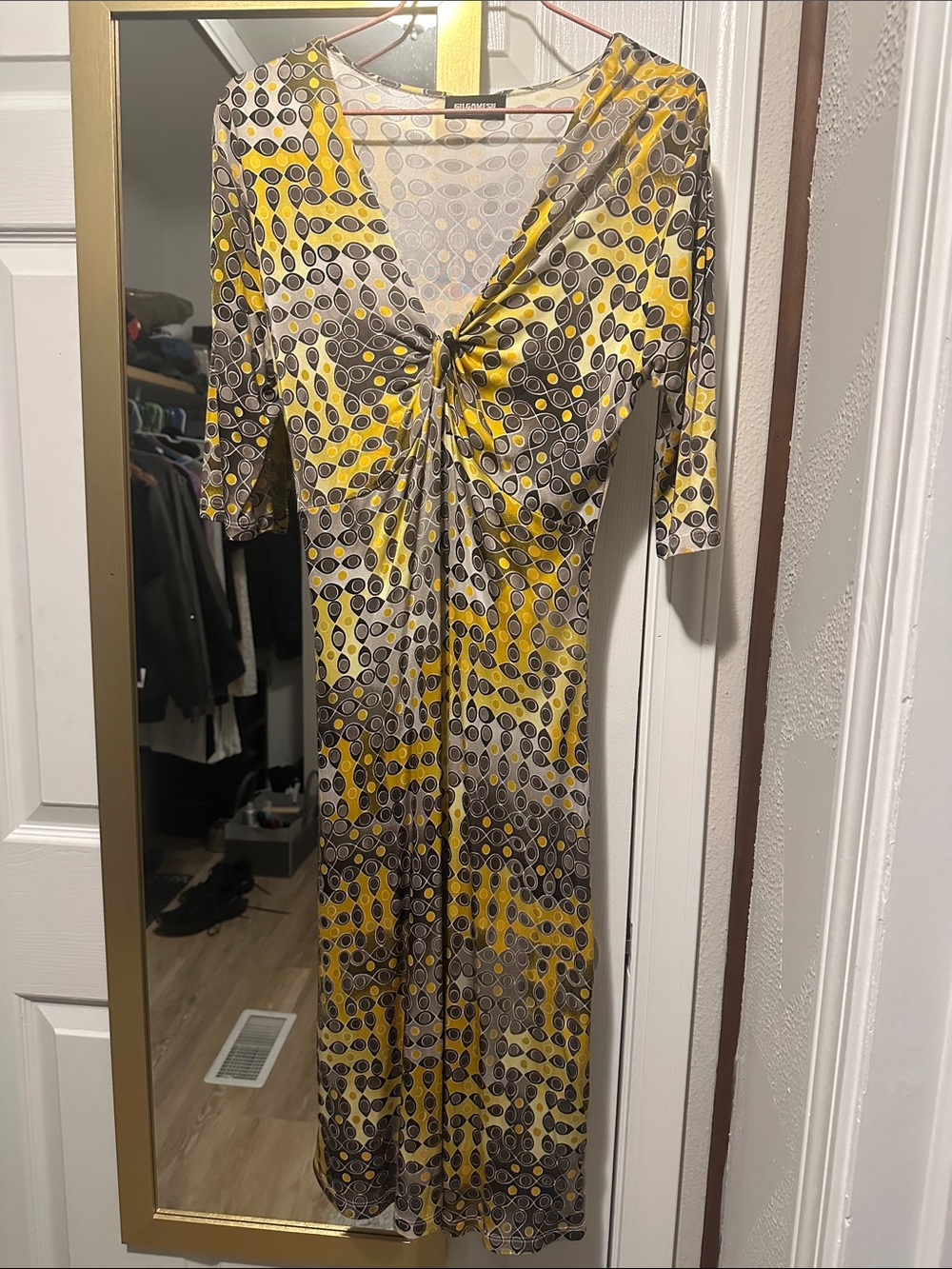 Twist-Front Yellow & Gray Long Sleeve Midi Dress